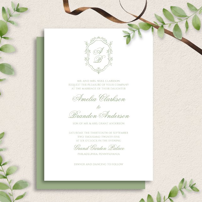 Convites Classic Sage Green Floral Monogram Crest Wedding (Criador carregado)