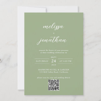Convites Classic Sage Green Photo Monogram QR Code Wedding