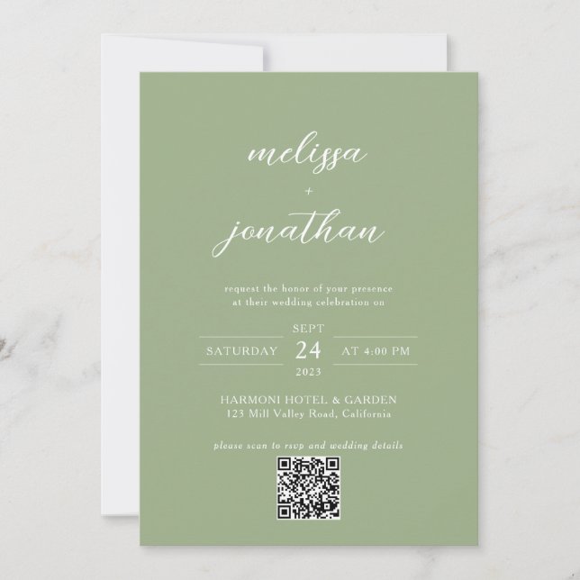 Convites Classic Sage Green Photo Monogram QR Code Wedding (Frente)