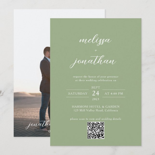 Convites Classic Sage Green Photo Script QR Code Wedding (Frente/Verso)
