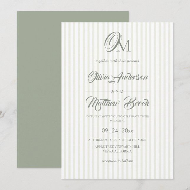 Convites Classic Sage Green Stripe Wedding (Frente/Verso)