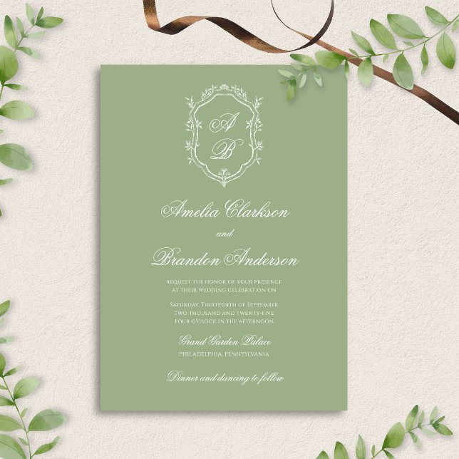 Convites Classic Sage Green & White Monogram Crest Wedding (Criador carregado)