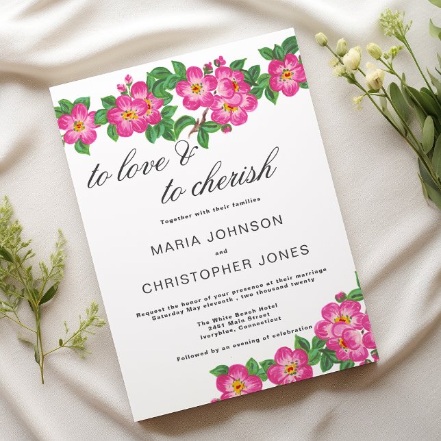 Convites Classic script bright pink green floral wedding (Classic script bright pink green floral wedding)