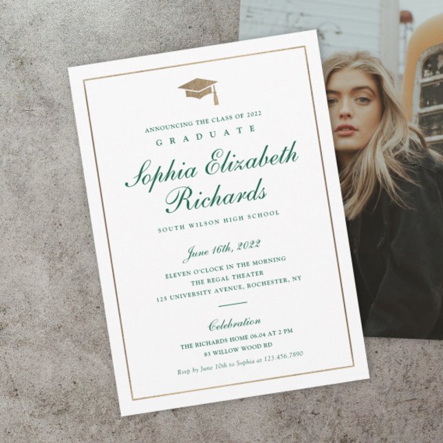 Convites Classic Script Gold Photo Graduation Invitation (Classic green and gold script formal photo graduation invitations.)