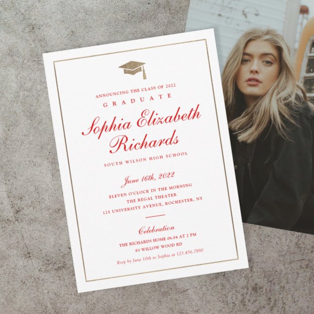Convites Classic Script Gold Photo Graduation Invitation (Classic red and gold script formal photo graduation invitations.)