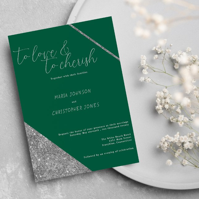 Convites Classic script silver glitter jade green wedding (Classic script silver glitter jade green wedding)
