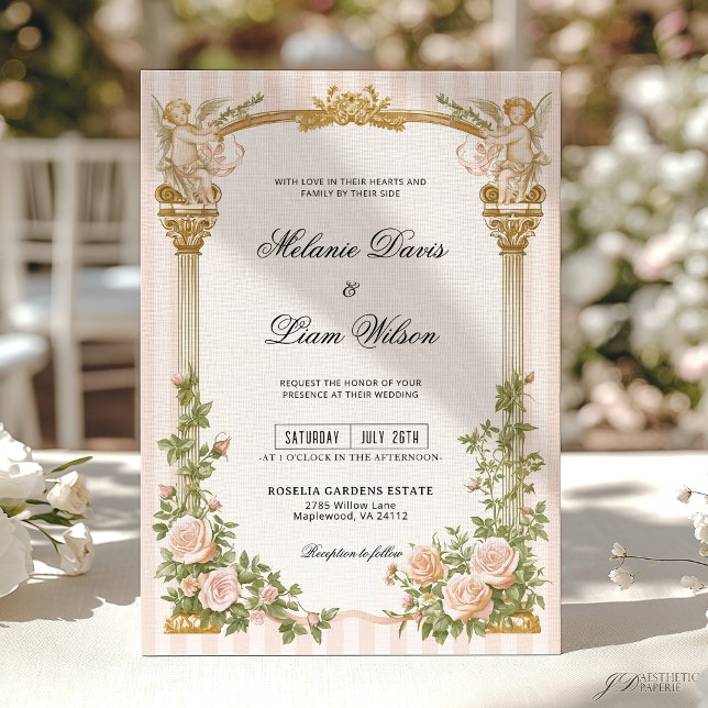 Convites Classic Stripe & Blush Pink Floral Cherub Wedding (Criador carregado)
