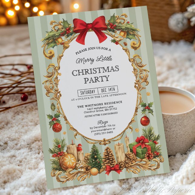 Convites Classic Stripe Red Bow Christmas Party (Criador carregado)