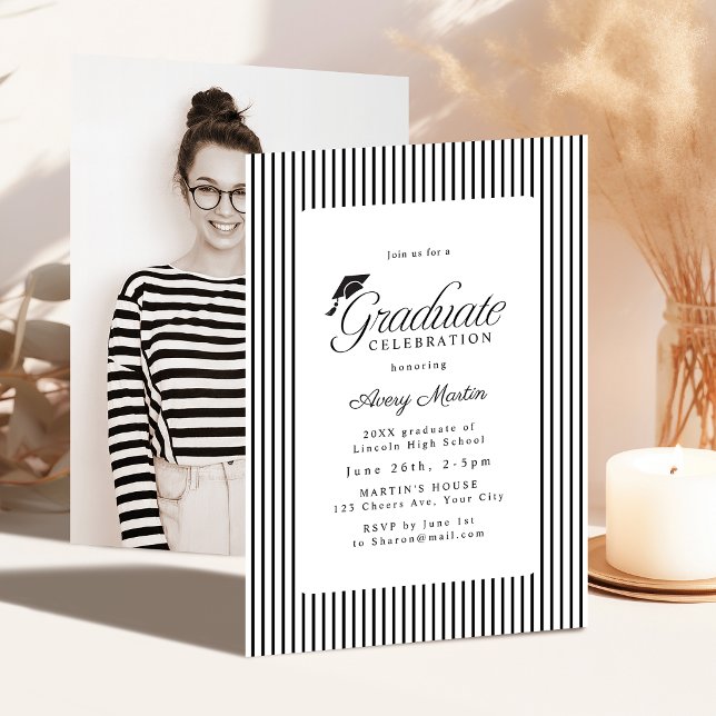 Convites Classic Striped Elegance Script Photo Graduation (Classic Striped Elegance Script Photo Graduation Invitation)