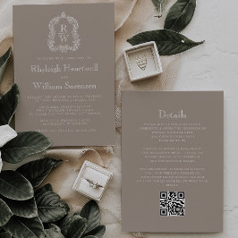 Convites Classic Taupe Monogram Crest QR Code Wedding
