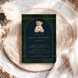 Convites Classic Teddy Bear Green & Blue Plaid Baby Shower