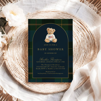 Convites Classic Teddy Bear Green & Blue Plaid Baby Shower