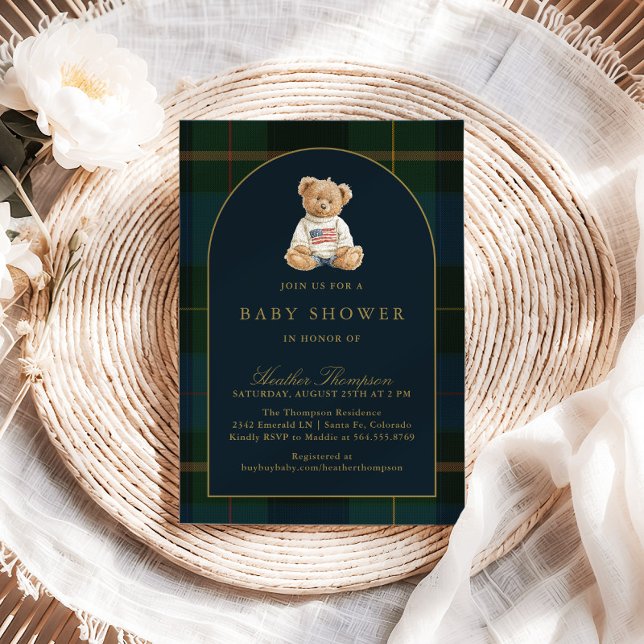 Convites Classic Teddy Bear Green & Blue Plaid Baby Shower (Criador carregado)