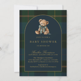 Convites Classic Teddy Bear Green & Blue Plaid Baby Shower