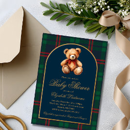 Convites Classic Teddy Bear Navy Plaid Preppy Baby Shower