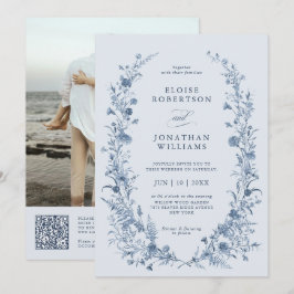 Convites Classic Victorian Blue French QR Code Wedding