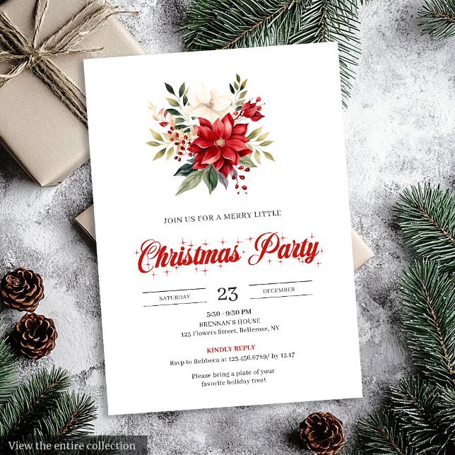 Convites Classic Watercolor Christmas Flowers Printable  (Classic Watercolor Christmas Flowers Printable Invitation)