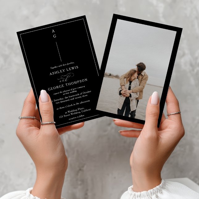 Convites Classic white black photo calligraphy wedding (Classic white black photo calligraphy wedding invitation)