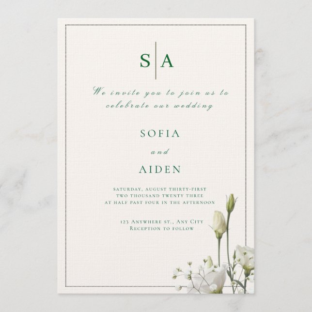 Convites classic white floral and border wedding invitation (Frente)