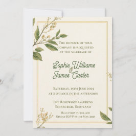 Convites Clássica Botânica Verde Marfim Casamento Personali
