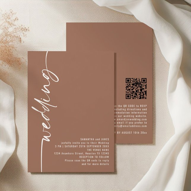 Convites Clássica Caligrafia QR Code Soft Brown Wedding (Front and back view)