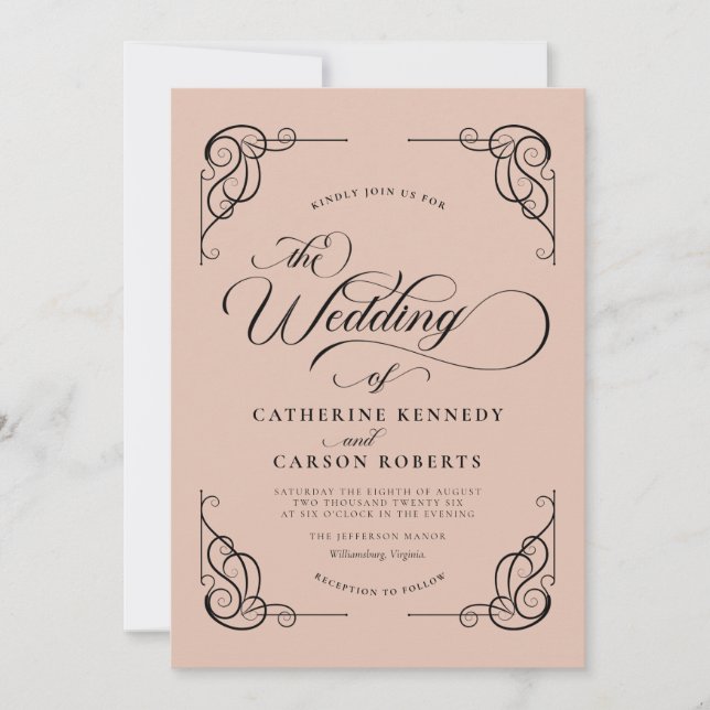 Convites Clássica Clássica Caligrafia Moderna Beige & Black (Frente)