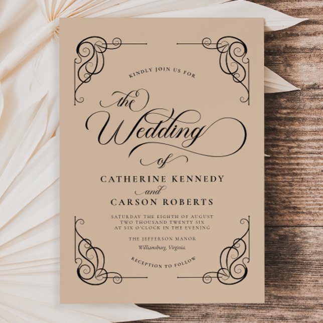 Convites Clássica Clássica Caligrafia Moderna Beige & Black (Criador carregado)