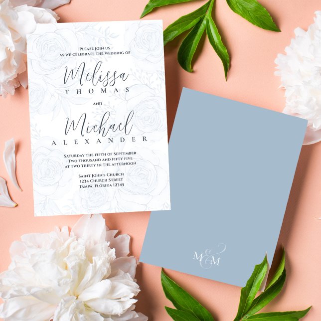 Convites Clássica Elegante Caligrafia Floral Dusty Azul (Elegant wedding invitations with blush floral pattern and taupe back.)