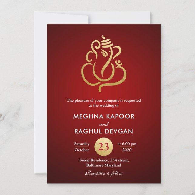 Convites Clássica Faux Gold Foil Ganesha/Casamento Vermelho (Frente)