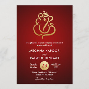 Convites Clássica Faux Gold Foil Ganesha/Casamento Vermelho