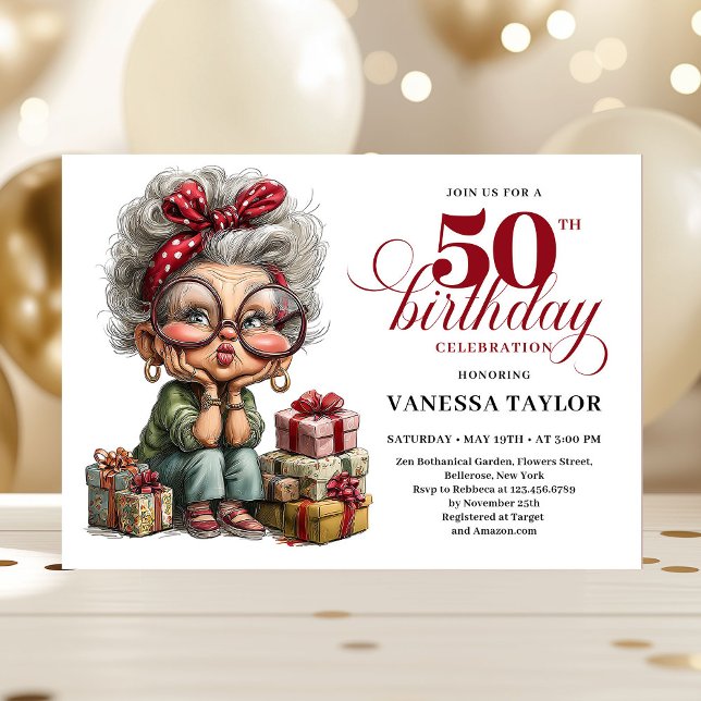 Convites Clássica Mulher Excêntrica Aniversário de 50 anos  (Classic Quirky Woman 50th Birthday Whimsical Invitation)