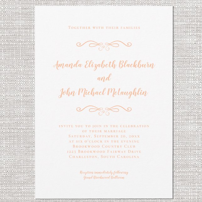 Convites Clássica Peach e White Formal Weding Chic (Classic Elegant Peach & White Formal Wedding Chic Invitation)