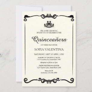 Convites Clássica Preta de Marfim, Tiara Quinceanera