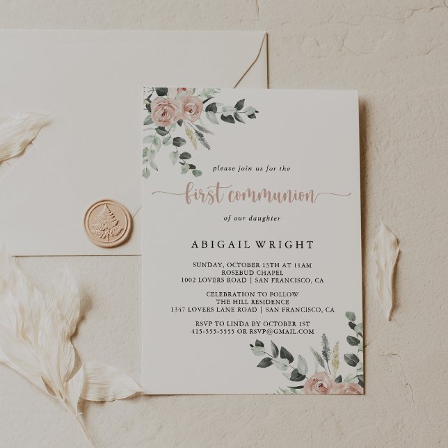 Convites Clássica Rosa Rosa Rosa Rosa Floral Primeira Comun (Criador carregado)