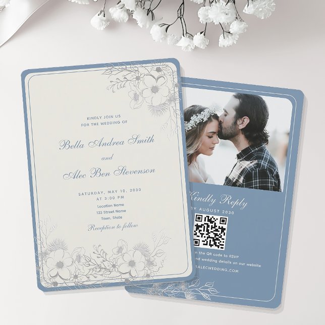 Convites Clássicas Fotos de Casamento em Azul Desbotado (Criador carregado)