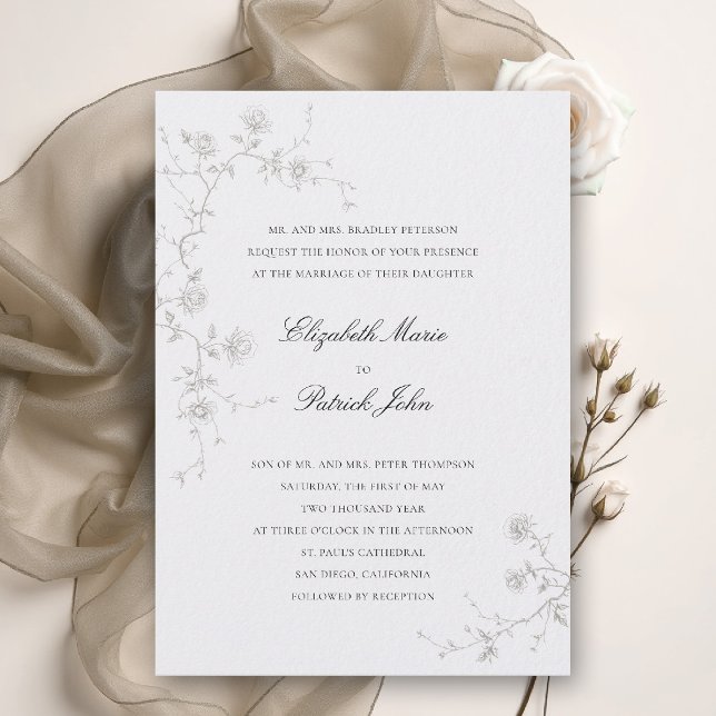 Convites Clássicas Rosas Selvagens Artísticas Pérolas Casam (formal wedding invitation modern classic wild roses art sketch floral calligraphy parents host pearl)
