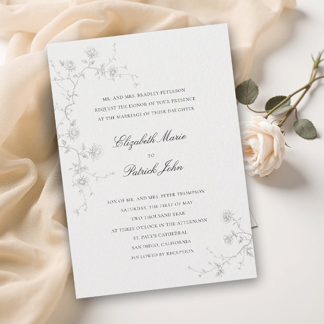 Convites Clássicas Rosas Silvestres Art Ivory Casamento For (formal wedding invitation modern classic wild roses art sketch floral art calligraphy parents host)