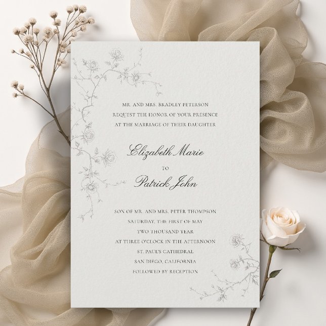 Convites Clássicas Rosas Silvestres Formais Modernas Arte E (formal wedding invitation modern classic wild roses art sketch floral calligraphy parents host ecru)