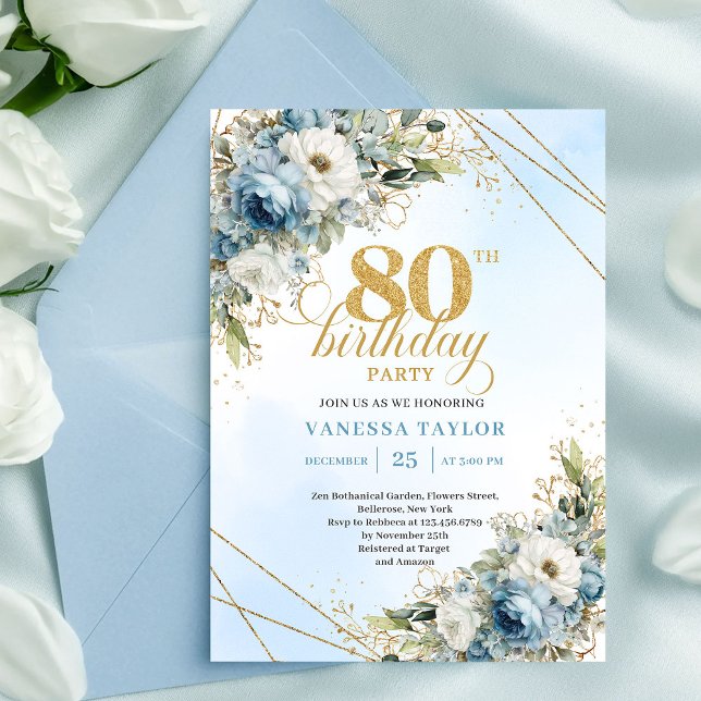 Convites Clássico 80º Aniversário Azul Poeirento Dourado El (Classic 80th Birthday Invite Elegant Dusty Blue Gold)