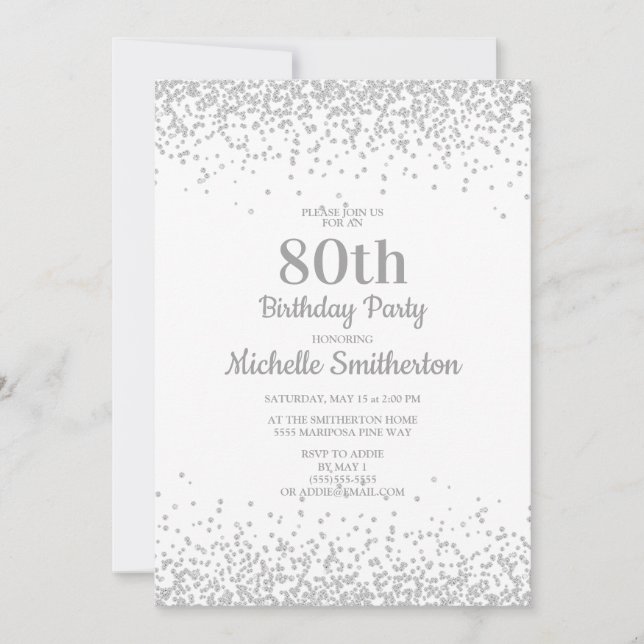 Convites Clássico Aniversário de 80 anos Branco Glitter Pra (Frente)