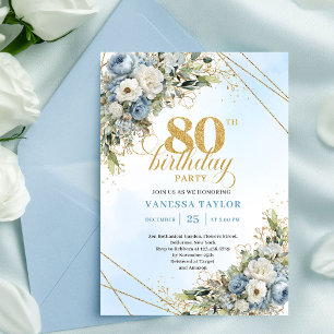 Convites Clássico Aniversário de 80 anos Elegante Azul Poei