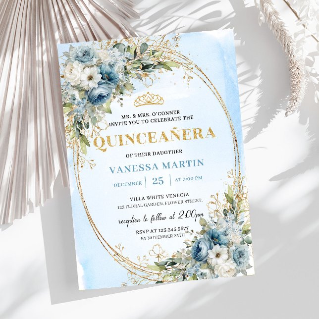 Convites Clássico Azul Pastel Dourado Eucalipto 15º Anivers (Classic Pastel Blue Gold Eucalyptus 15th Birthday)