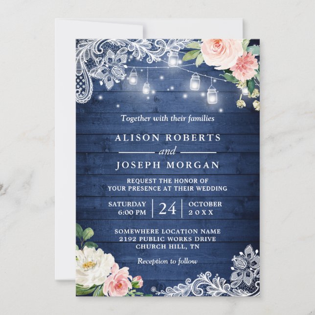 Convites Clássico Azul String Luzes Florais Casamento Russo (Frente)
