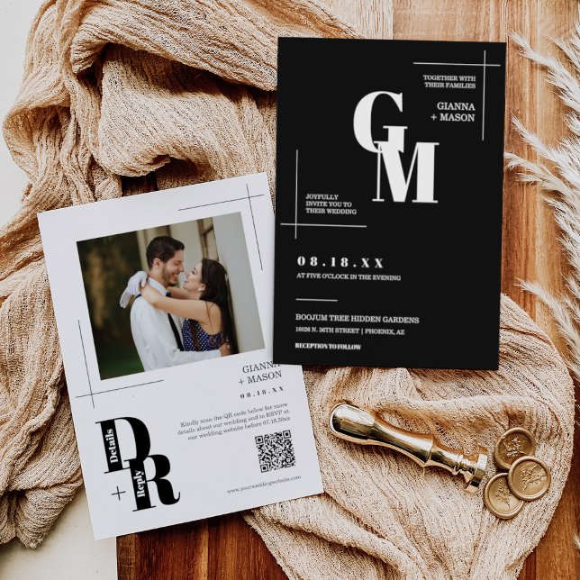 Convites Clássico Black Modern Minimamente Casado Foto do C (Criador carregado)