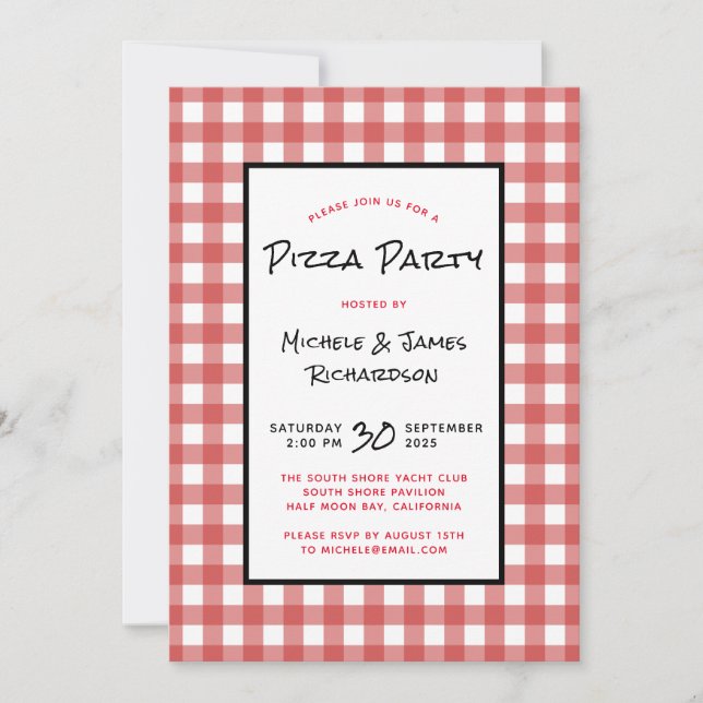 Convites Clássico Black Red White Gingham Pizza Party (Frente)