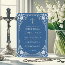 Convites Clássico Blue Faux Silver Cross Boy First Communof