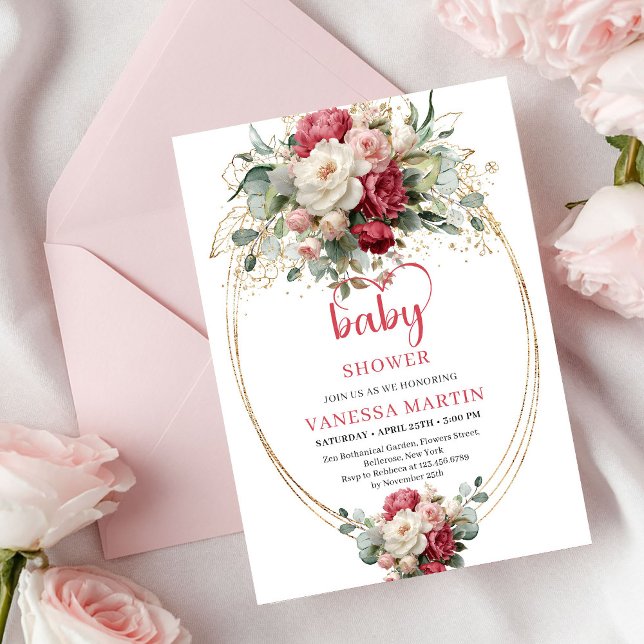 Convites Clássico Boêmio Vermelho Branco Dourado Floral   (Classic Bohemian Crimson Red White Gold Floral Invite)