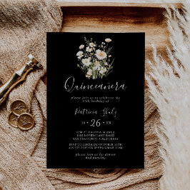 Convites Clássico Boho Blush Wildflower Black Quinceañera