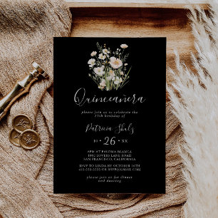 Convites Clássico Boho Blush Wildflower Black Quinceañera