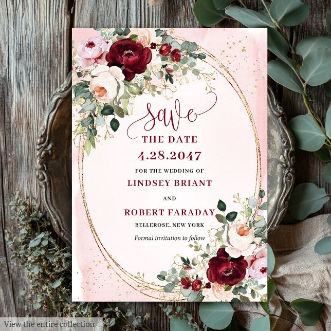 Convites Clássico Boho Borgonha Bege Dourado Rosas Salvar D (Classic Boho Burgundy Blush Gold Roses Save Date)